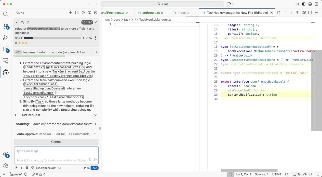 Cline refactoring code in VS Code