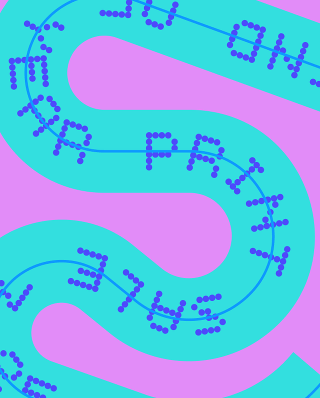 Type on a path shown in purple and teal against a pink background