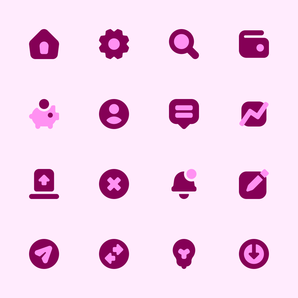 sixteen icon variations in purple and pink