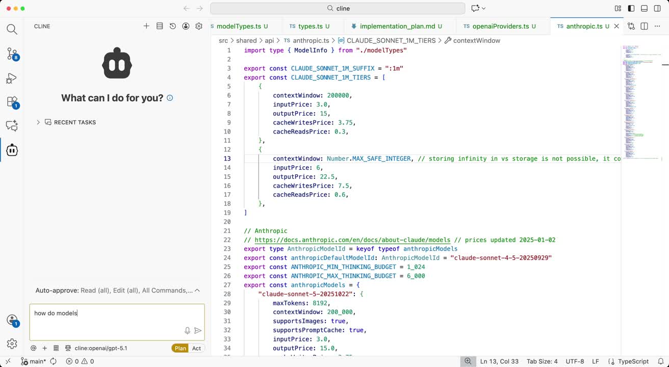 Cline editing code in the IDE